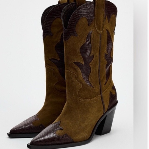 ZARA NEW HEELED COMBINATION SUEDE KNEE HIGH BOOTS 6.5 - Picture 2 of 7